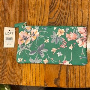 LOFT Sunglasses Case Pouch Zip Cosmetic Emerald Green Floral Faux Leather